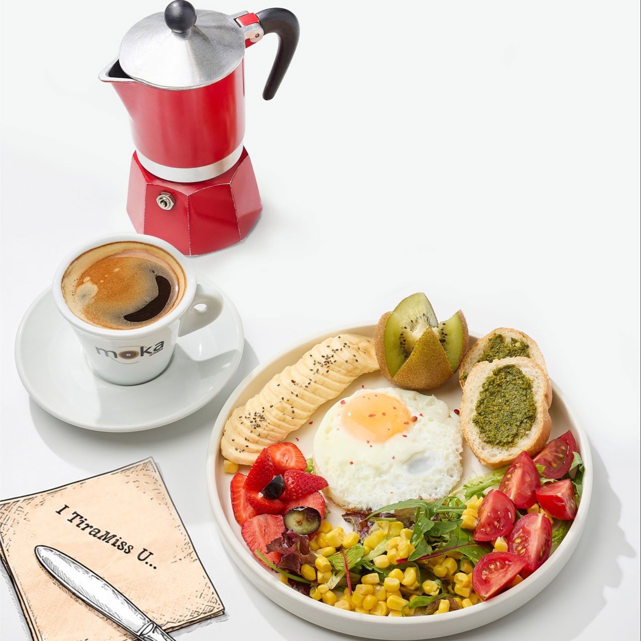 Pesto Eggs, Banana and Strawberries